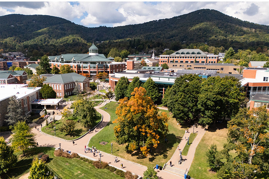 An aerial shot of App State's campus in early fall